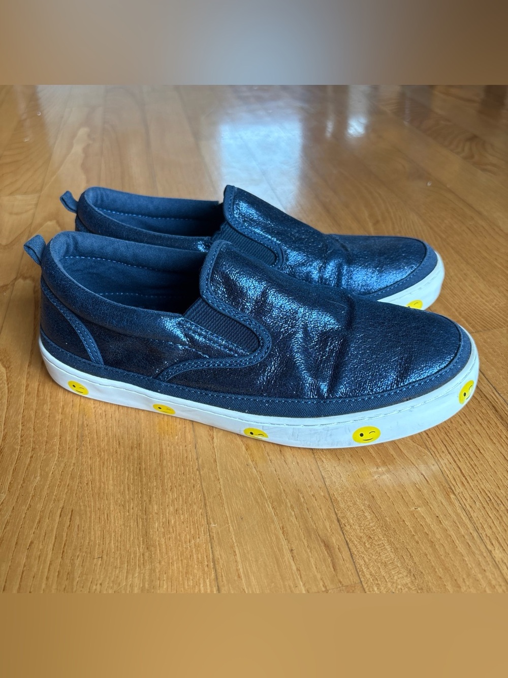 Gap Metallic Blue Smiley Face Sneakers Shoes Sparkly Sparkle White Size 4 Youth